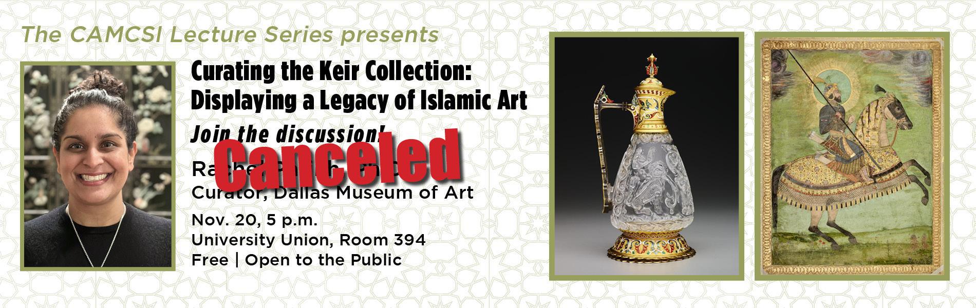 Photo of Dr. Parikh and two examples of ancient art, a pitcher and a man on a horse.