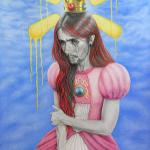Mixed-media portrait of a figure wearing a pink dress and gold crown, with long red hair against a blue sky background and dripping yellow shapes above.