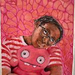 Painted portrait of a young person wearing glasses and a striped shirt, hugging a pink cartoon-like plush figure against a patterned pink background.