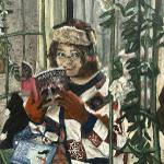 Painted scene of a person wearing a patterned quilted jacket and fur hat, reading a book while seated among leafy plants near a window.