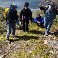 12. Four people hiking up a hill.
