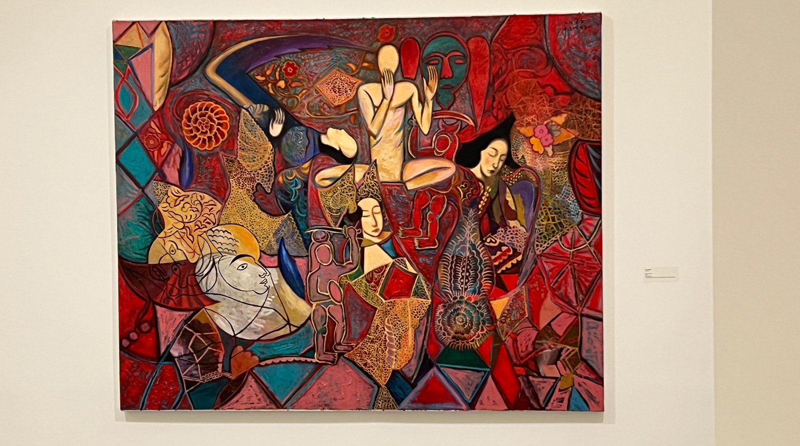 Oil painting by Amar Dawod, 2011, showing people in abstract on a red background