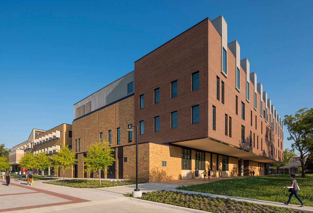 Southeast facade of the four-story brick building at UNT known as the Art Building.