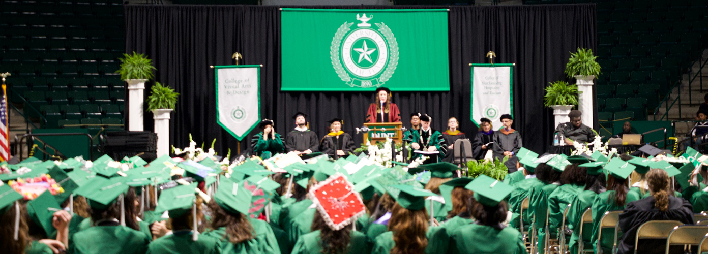 Wide view of the UNT Coliseum during commencement.