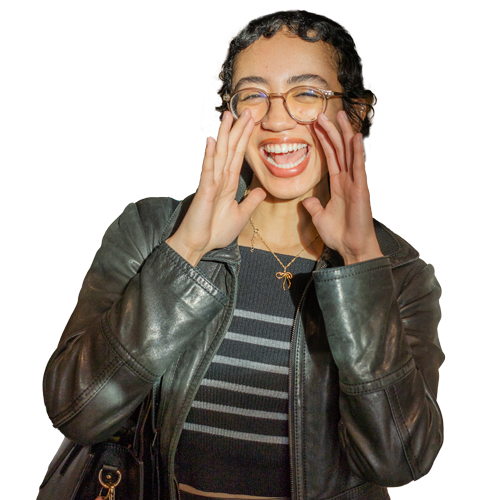 Student with hands to her face as if yelling.