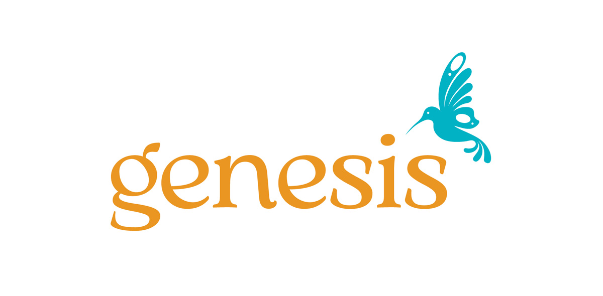 The word Genesis is in orange type with a blue butterfly.