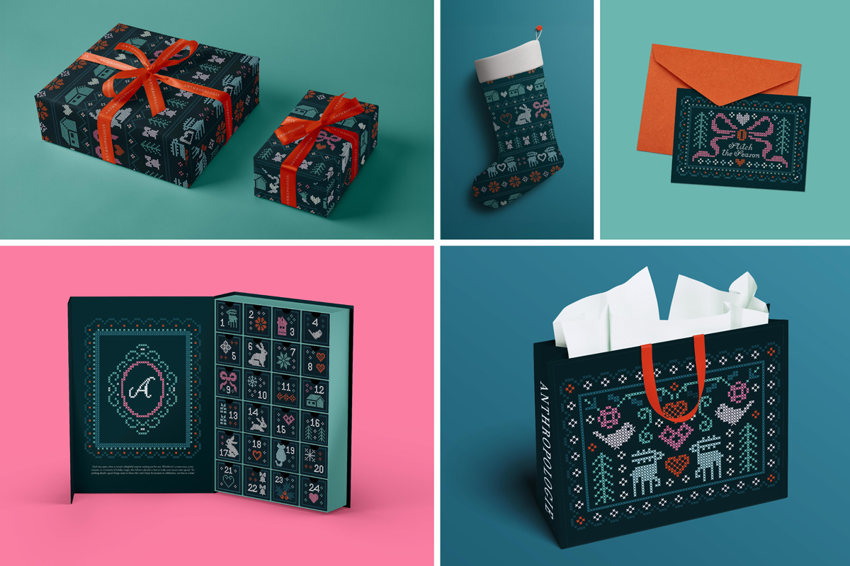 Five Images featuring a brand campaign. Image 1: Present Design Image 2: Stocking. Image 3: Holiday Card Image 4: Advent Calendar Image 5: Shopping Bag