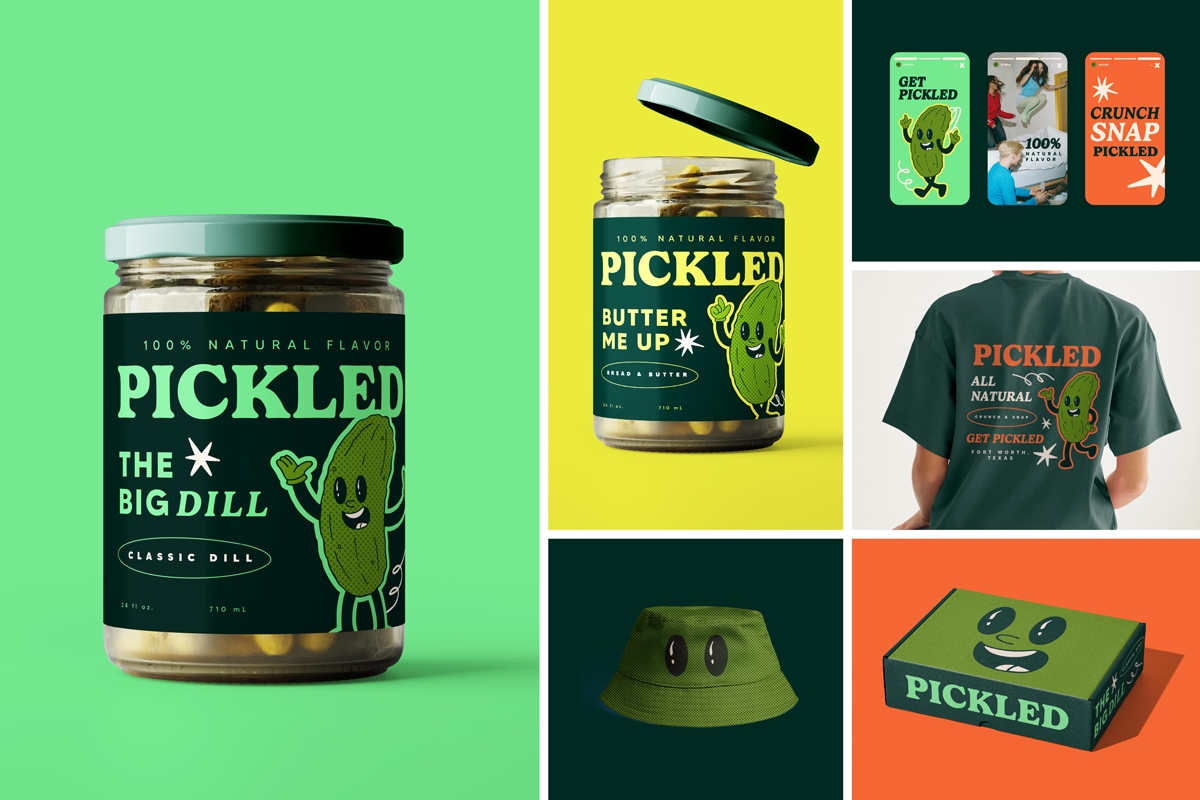 Six Images featuring a brand campaign. Image 1: Dill Pickle Jar Image 2: Bread & Butter Pickle Jar Image 3: Instagram Story Posts Image 4: T-shirt Design Image 5: Bucket Hat Image 6: Packaging Box