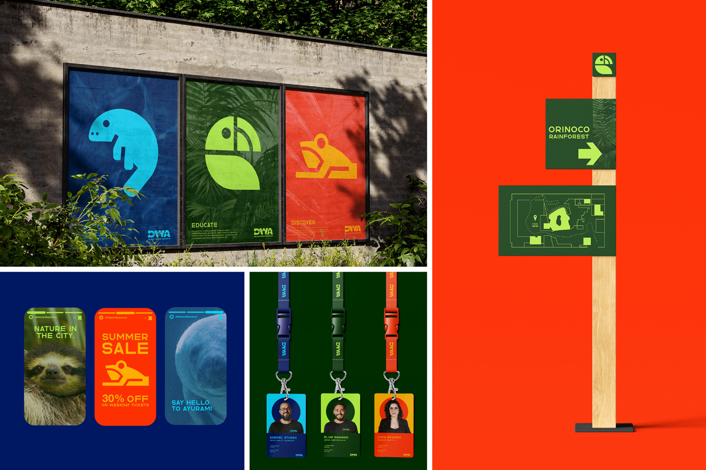 Four Images featuring a brand campaign. Image 1: Outdoor Posters Image 2: Wayfinding Signage Image 3: Instagram Story Posts Image 4: 3 ID badges