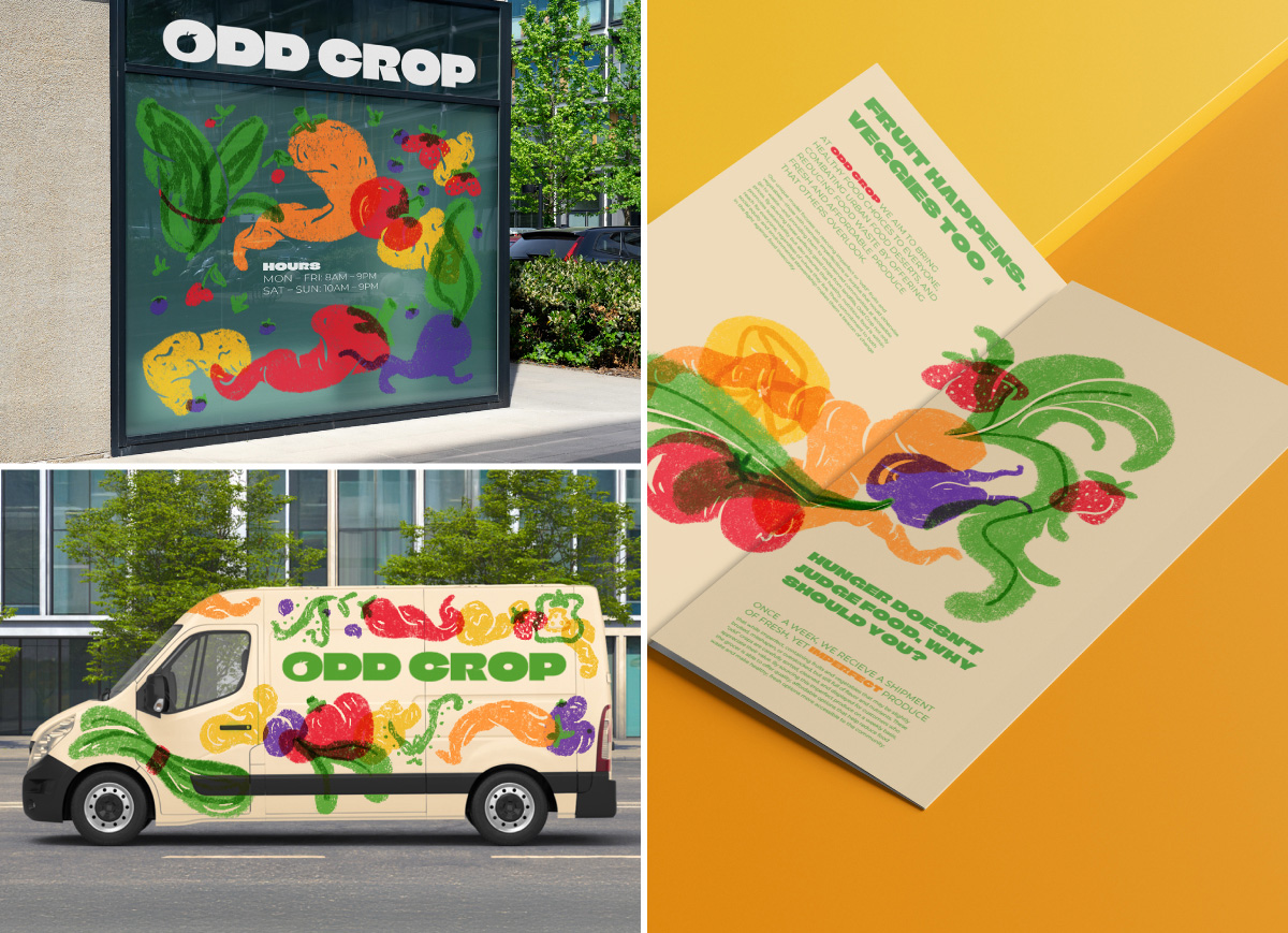 Image one, a storefront with an illustrated window that has "Odd Crop" the title of the business; image two, a van that has an illustrated wrap on it with various fruit and vegetables and "Odd Crop" on the side of the van; image three, a brochure open on a yellow background with green type and an illustrated center of fruits and vegetables.