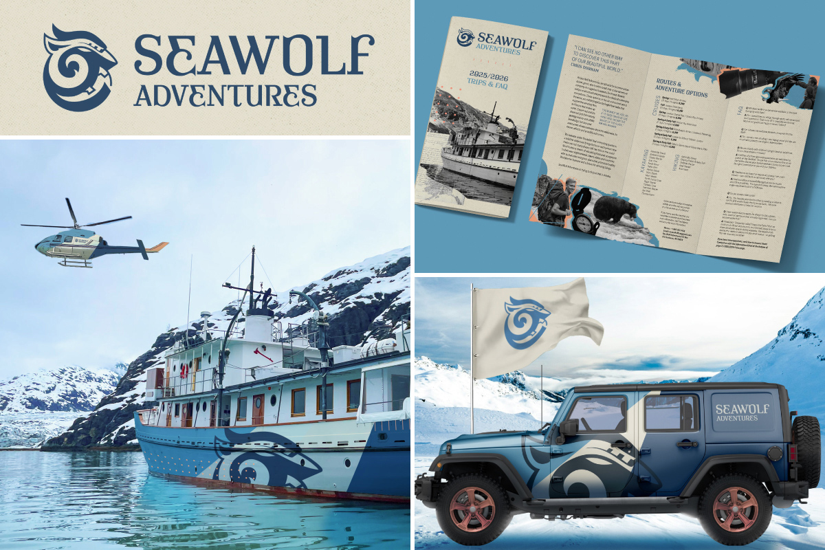 Image one, the logo and title of the company 'seawolf adventures', the logo is of a wolf's head that turns into a swirling wave then mountains; image two, a ship and helicopter both with a matching wrap in light blue, cream color, dark blue, and salmon color; image three, the publication brochure handout that has the trip offerings, FAQ, and about us section for SeaWolf's business; image four, an image of a jeep with a wrap for the business in their colors with their logo and a flag also with the logo next to it.