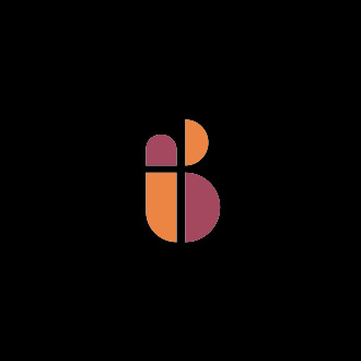 black square with a decorative i and b in the center