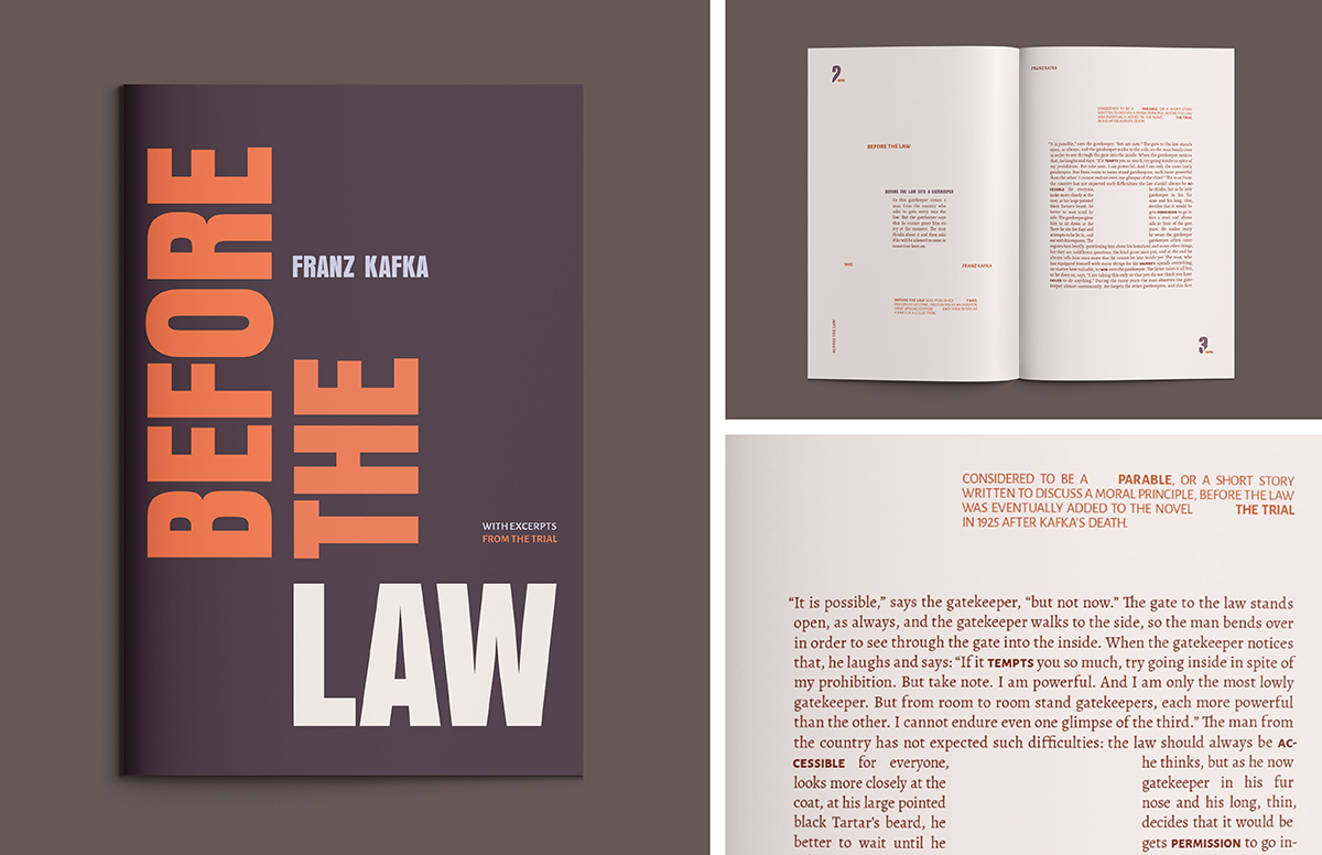 Before the Law Brochure Image 1 (left): Front cover design of the brochure Image 2 (top right): Open spread featuring the introduction and story Image 3 (bottom right): Close-up of the page directly above, highlighting typographic detail