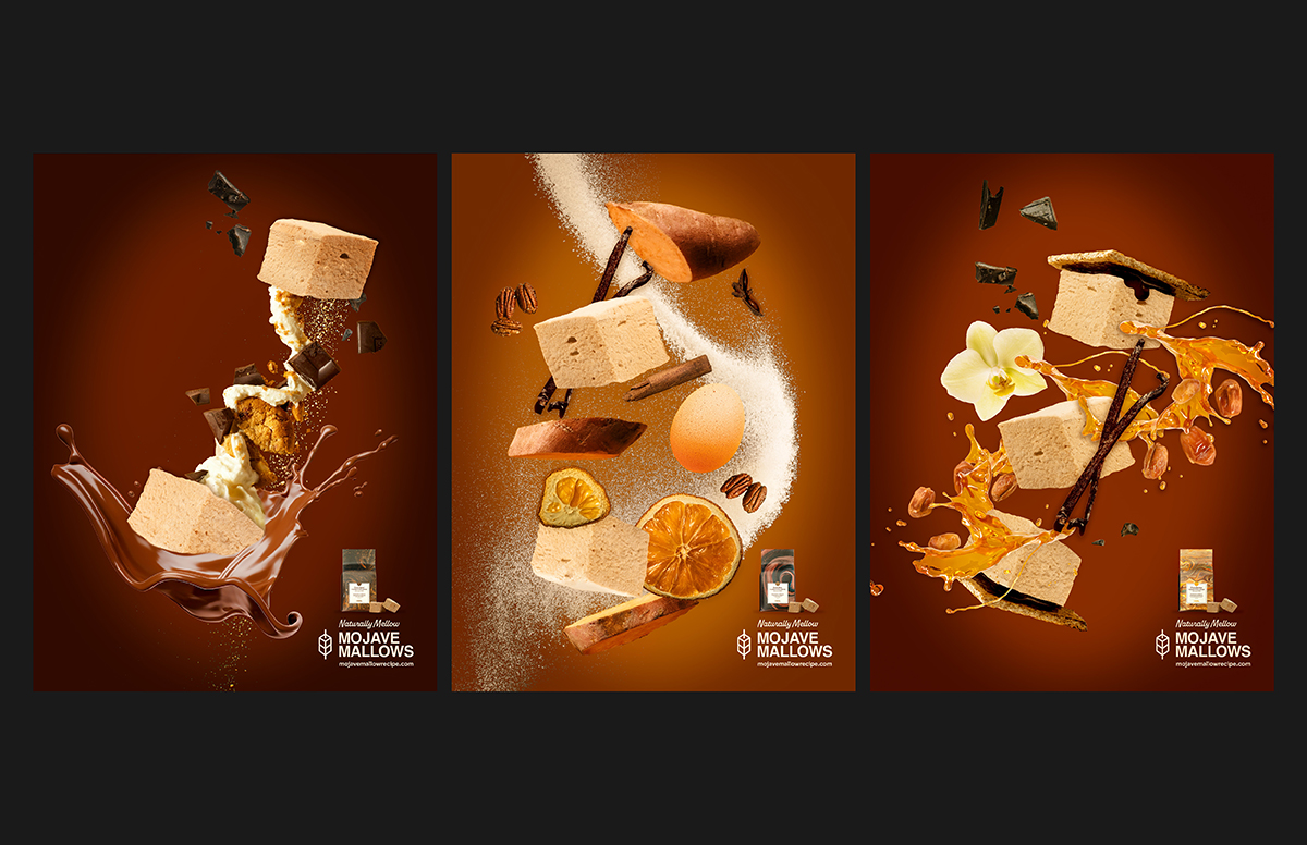 Mojave Mallows Campaign: Print Advertising Series Images 1-3: A series of three print ads showcasing unique flavor and recipe profiles created with Mojave Mallows. Each layout features playful compositions, the updated logo in the bottom right corner, and rebranded packaging placed above to highlight the product’s artisanal identity.
