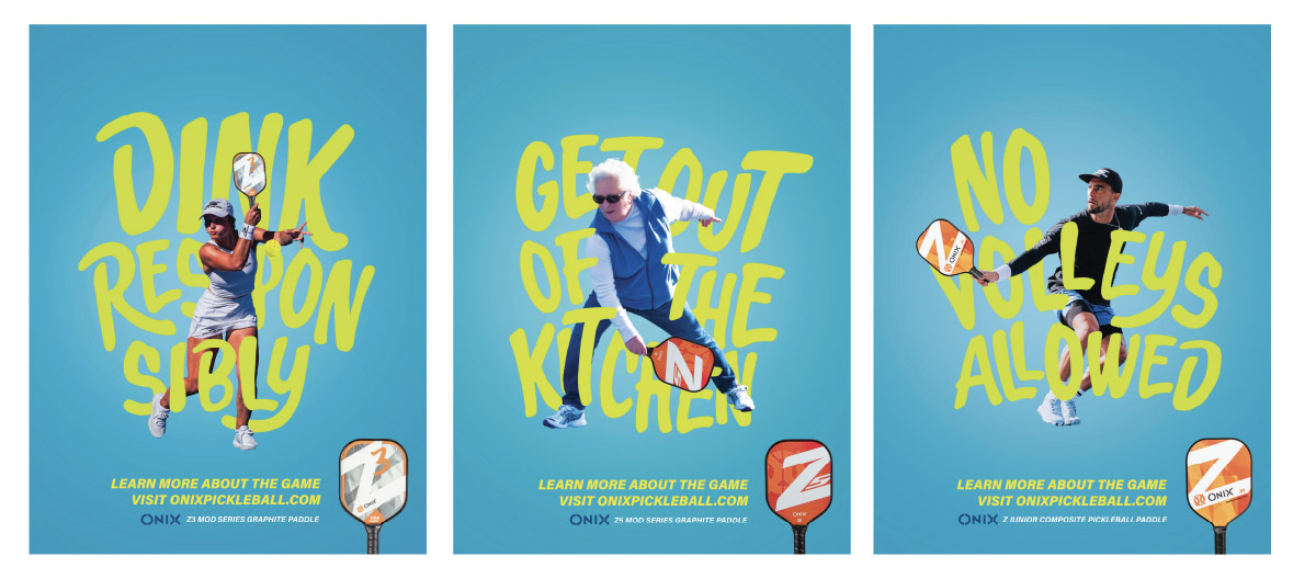 Three posters showcasing different types of people playing pickleball 1st image has a fit women who is hyperfocused on the game the second has a grandma who ishighly competitive and the third has a man who is ready for anything.
