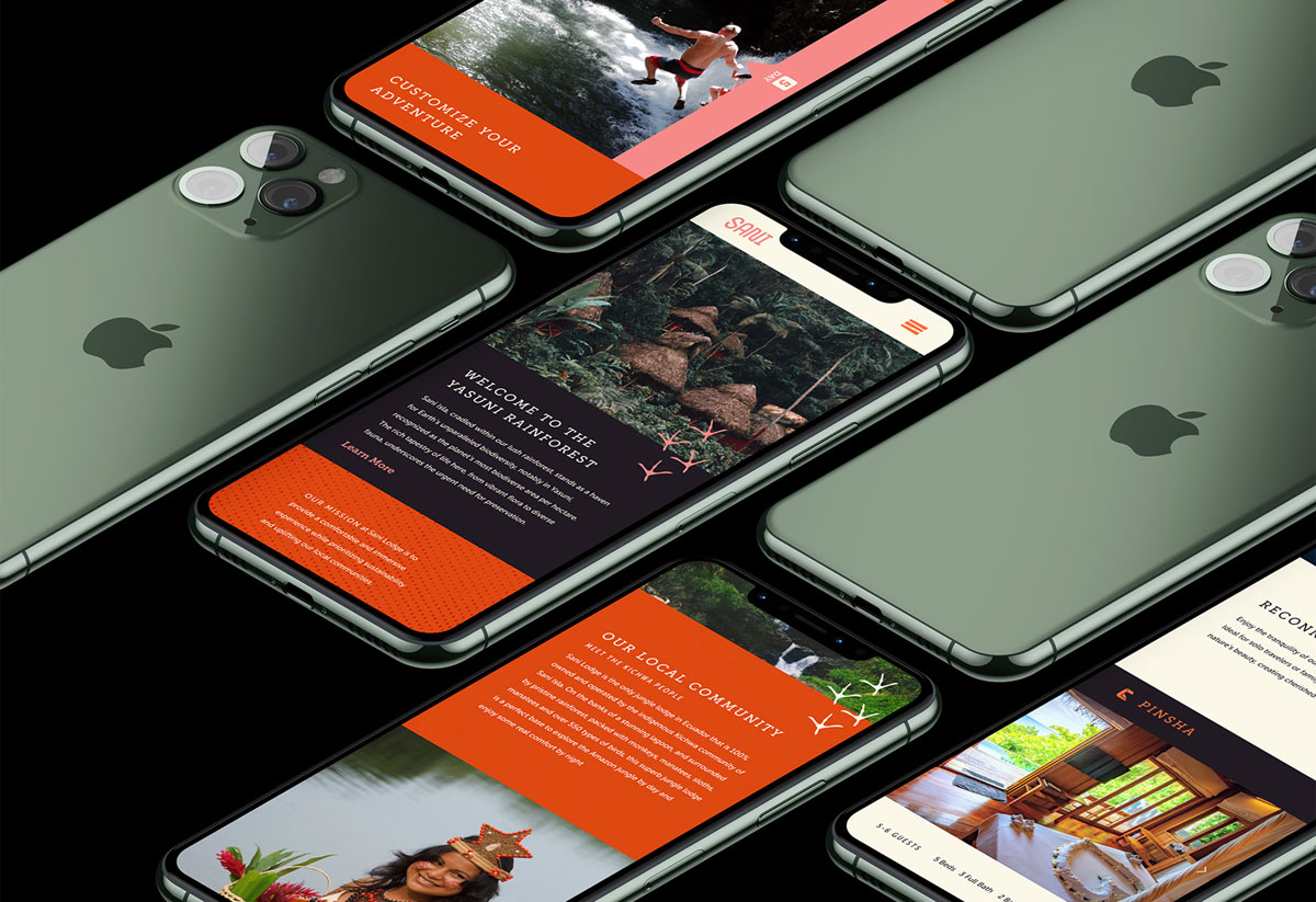 Roughly 7 IPhones laying diagonally, and the screens alternate between facing upward or downward. The screens visible showcase different pages of an app detail services that Sani Lodge provides.