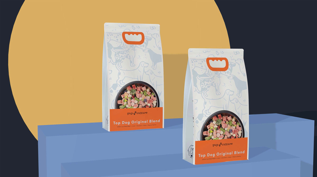 Two tall bags of dog food standing upright on two stair steps.