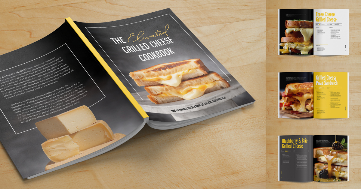 Four images showing a cookbook titled: The Elevated Grilled Cheese Cookbook. To the right are variouse recipes shown from in the book.