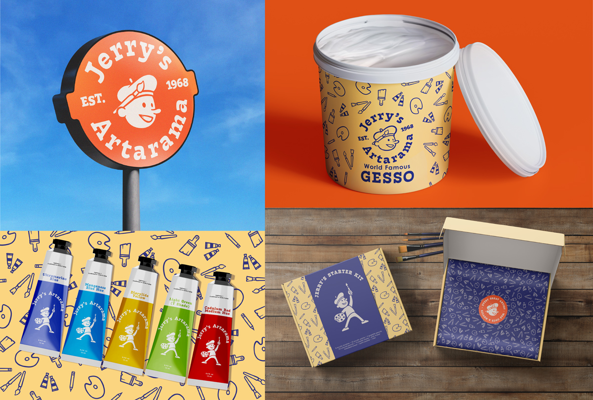 Four images showcasing how the brand identiry is shared across an exterior sign, and variouse products like paint, and art kits.