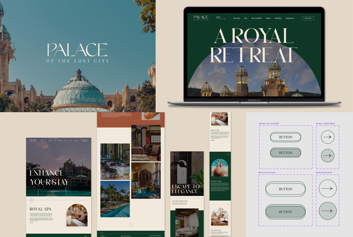 Four images showcasing the logo for the website, the long scrolls of some of the pages, and a screenshot of portions of the prototyping.