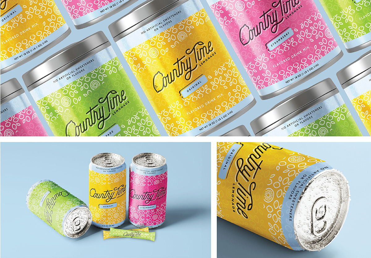 Mockups of redesigned Country Time Lemonade packaging, featuring bright yellow, pink, and green cans and tins with a modern, minimal pattern of citrus fruit outlines. The design emphasizes a fresh, playful look with the script 'Country Time' logo and bold, easy-to-read flavor labels.