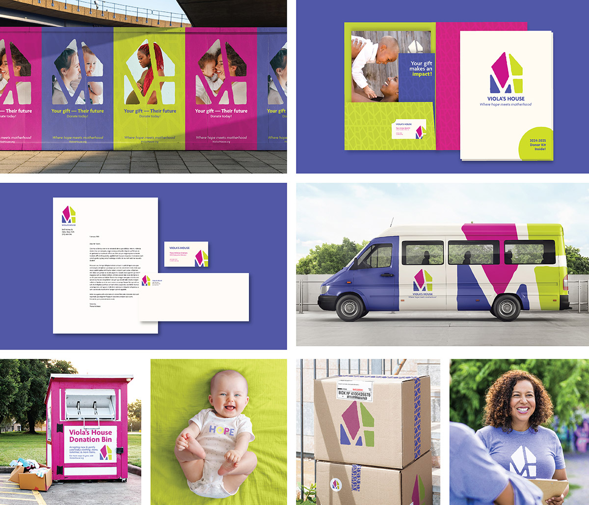 A cohesive brand identity presentation for Viola's House, featuring a bright color palette of magenta, lime green, and purple.