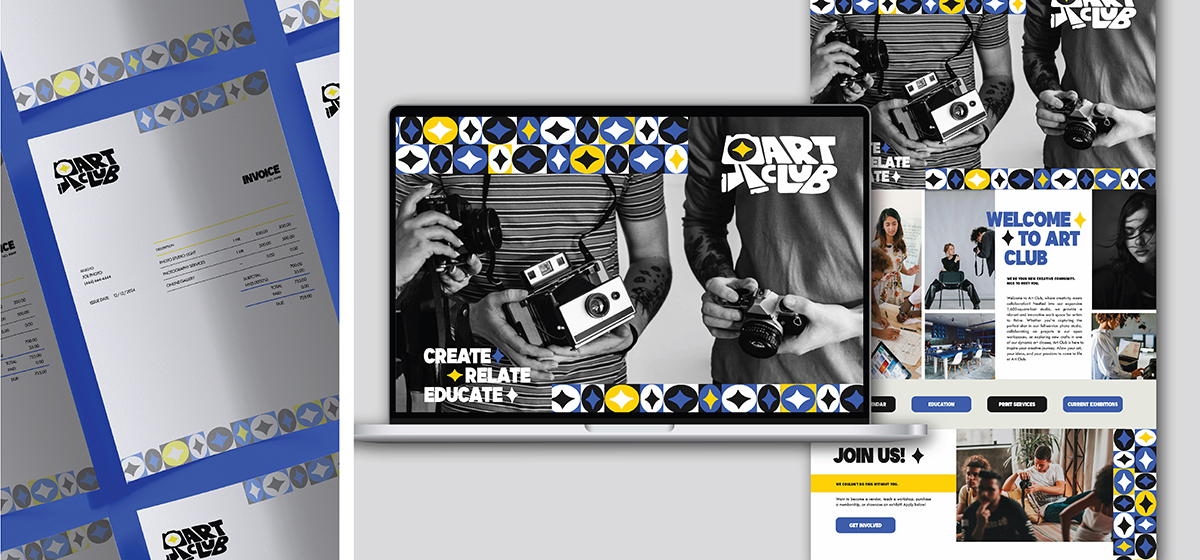 A bold brand identity for "Art Club" is shown across print and digital materials. The design features geometric patterns in blue, yellow, black, and white, with strong modern typography. 