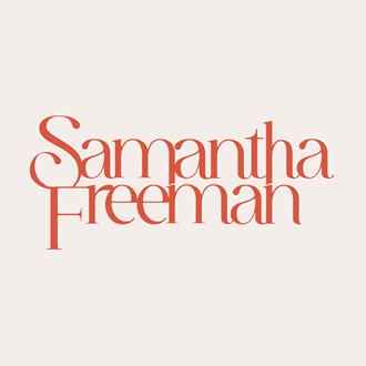 Samantha Freeman in light orange letters.