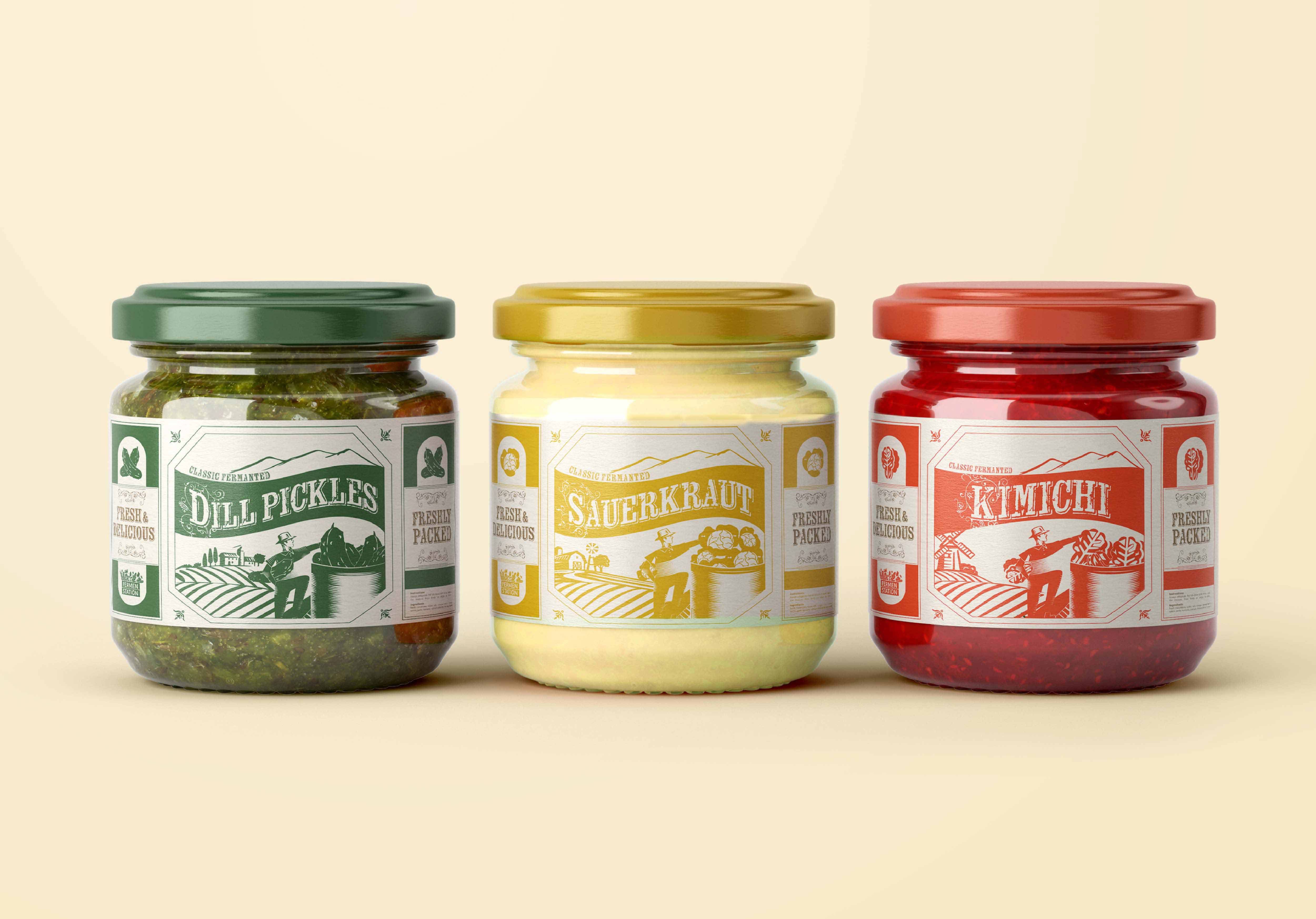 Three jars side by side. From left to right: green dill pickle jar, yellow sauerkraut jar, and red Kimchi jar. 
