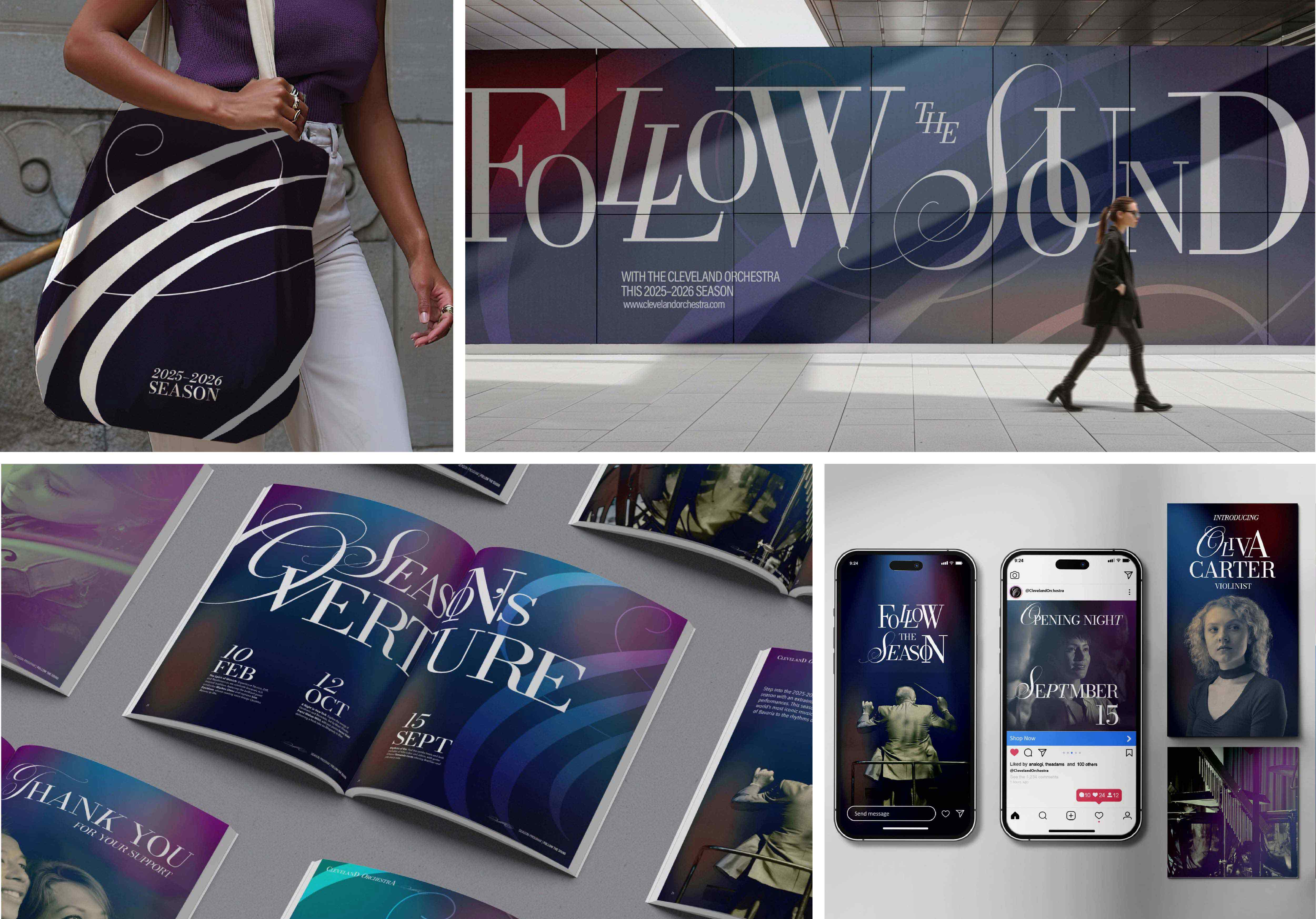 Four photos. Top left: black tote back with white logo design and text, “2025-2026 SEASON.” Top right: Mural reading, “FOLLOW THE SOUND” in large text and “with the Cleveland Orchestra this 2025-2026 season” in small text.