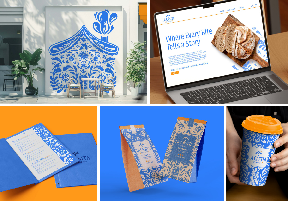 Five images. Top Left: Blue bakery storefront mural using floral patterns. Top right: Laptop with bakery’s home screen pulled up and reads, “WHERE EVERY BITE TELLS A STORY.” Bottom left: Bakery menu in blue folder with logo on it. Bottom middle: Two coffee packaging designs. Bottom right: To go coffee cup design. Graphics are in blue, orange, and white. 