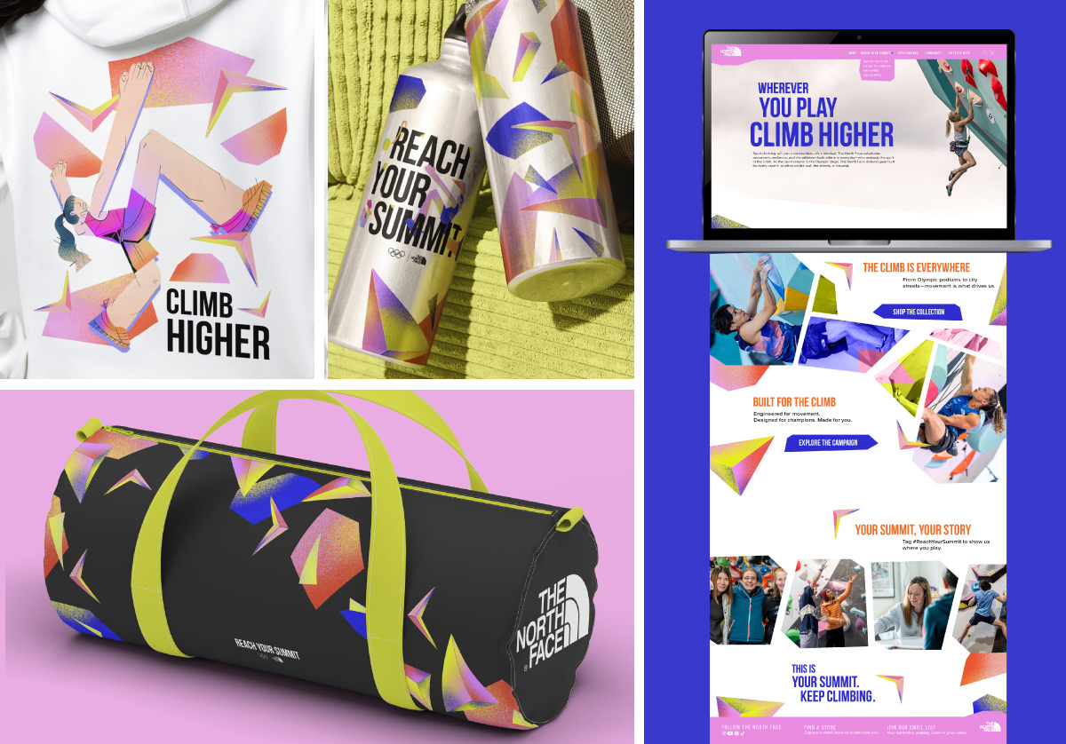 Four Images: Top left: Illustration of sports climber on the back of a hoodie. Top second photo: Water bottle design reading, “REACH YOUR SUMMIT.” Bottom left: Black duffle bag design with North Face logo and rock patterns. Far right: Website home screen slide mocked up on computer. 