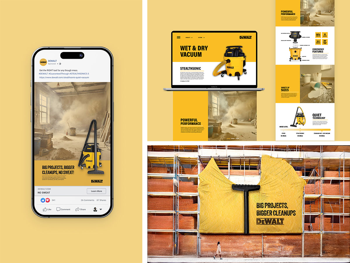 Three images featuring an advertising campaign. image 1: iphone screen with a facebook ad Image 2: website page created for dewalt vacumm Image 3: guerilla ad interactive display of vacuum.