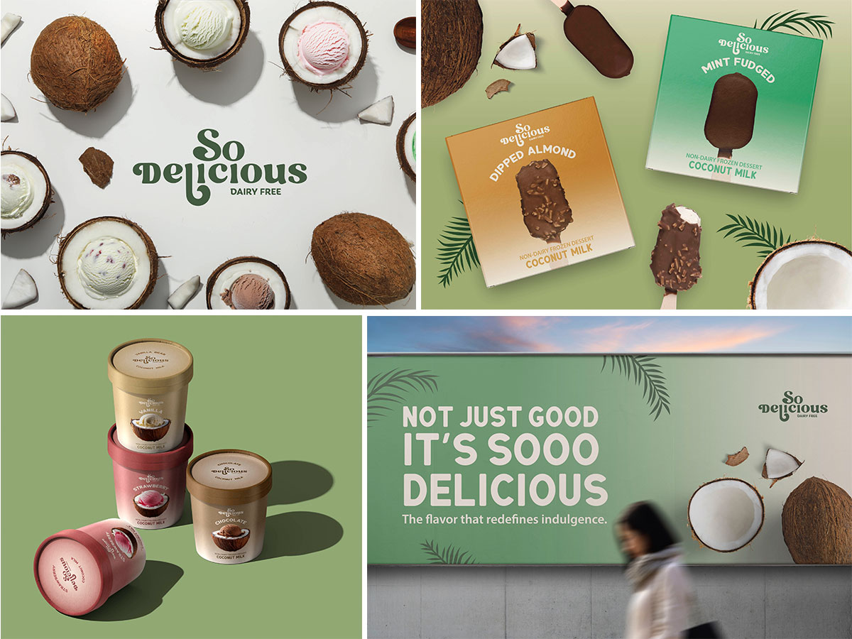 Four images featuring the branding campaign. Image 1: Typogrpahy of new logo Image 2: ice cream box packaging Image 3: Pint ice cream with various flavors Image 4: billboard advertisement