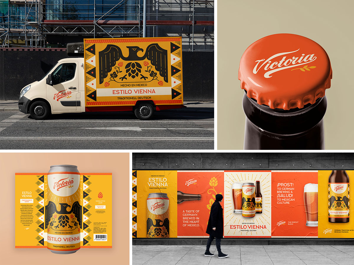 Four images featuring a branding campaign. Image 1: cargo truck with illustration. 2: Beer glass bottle cap with new logo Image. 3: Beer can with the Ilustration in German and Spanish. 4: Street billboard advertisement.