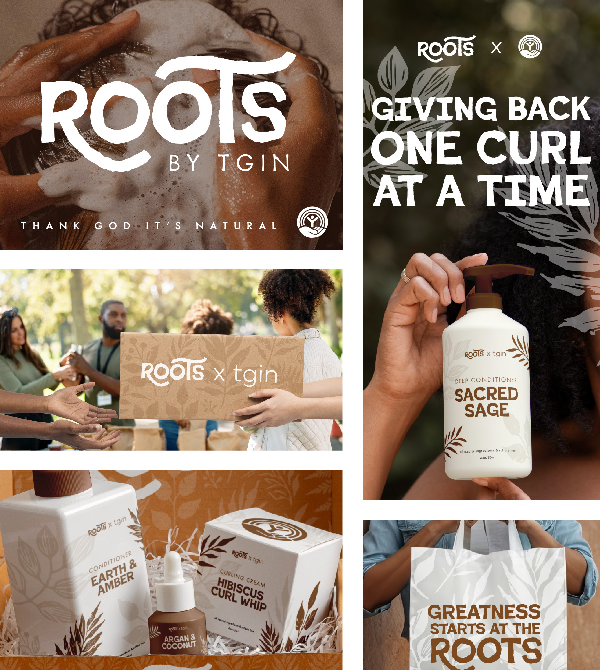 A grouping of five images promoting the Roots hair products.