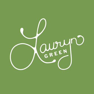 Lime green square with Lauryn written in cursive script and Green in block letters