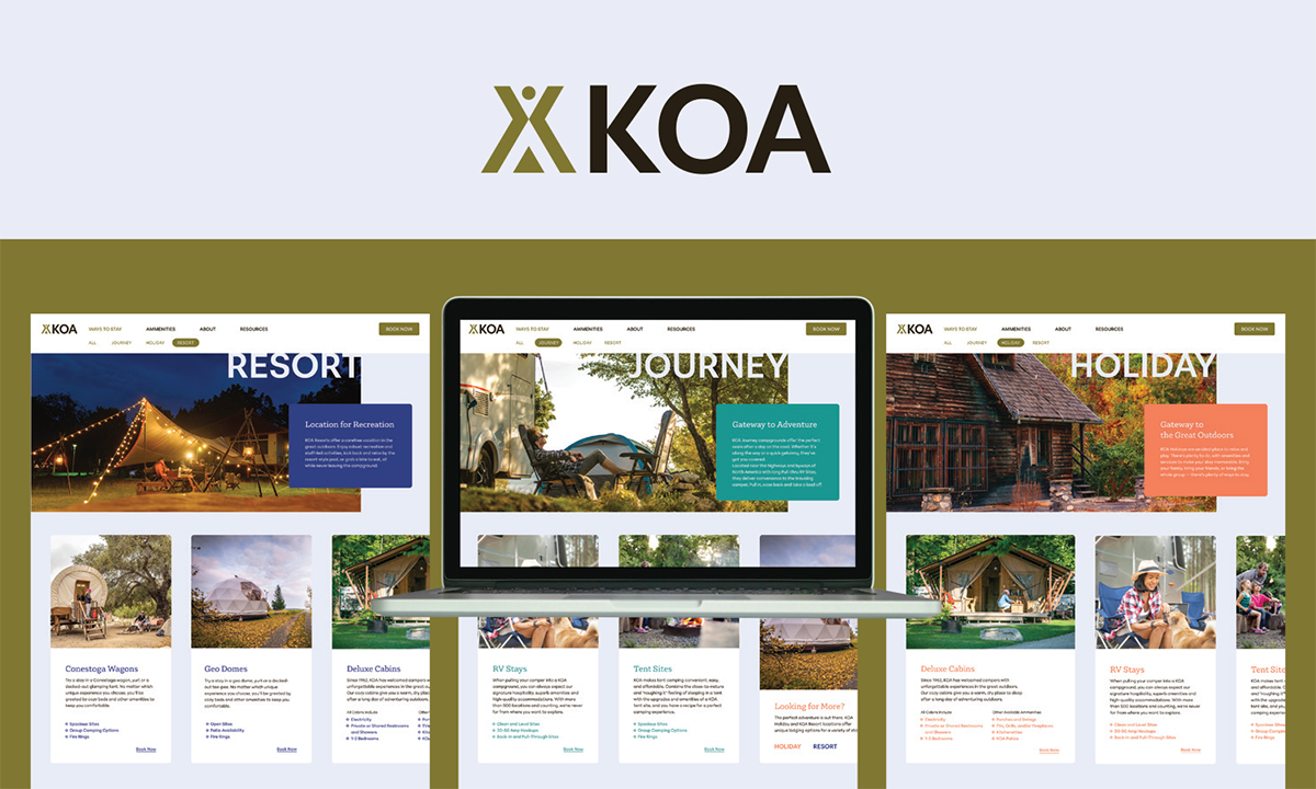 This branding presentation showcases a modern and cohesive website redesign for KOA (Kampgrounds of America). The image features a clean and organized user interface with three distinct webpage layouts, each themed around a different KOA experience: