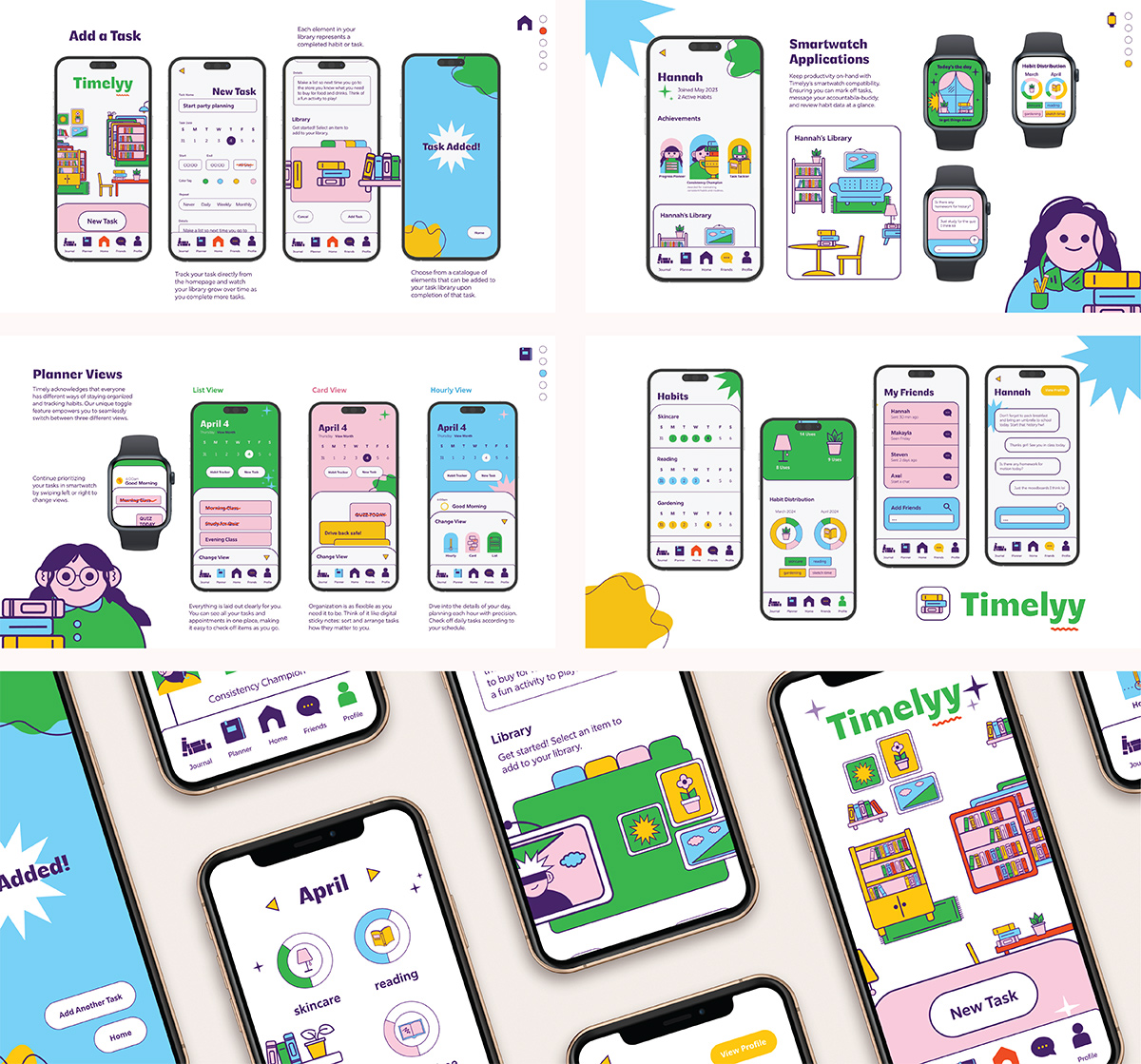 5 frames showcase the presentation deck for the app, including slides that detail the main functionality of the website, the use of the task-sorting feature, smartwatch screens, and several 'glamour-shots' that showcase the bright colors, friendly illustrations, and key features that the app includes. 
