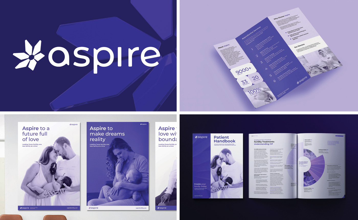 Four images featuring a brand. Image 1: A geometric flower logo adjacent to the name "Aspire". Image 2: Structured catalog for fertility clinic. Image 3: 2 posters in lobby wall featuring happy families. Image 4: Editorial spread featuring infographic of fertility services.