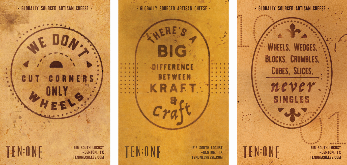 Three cheese posters styled after cheese wheel exterior