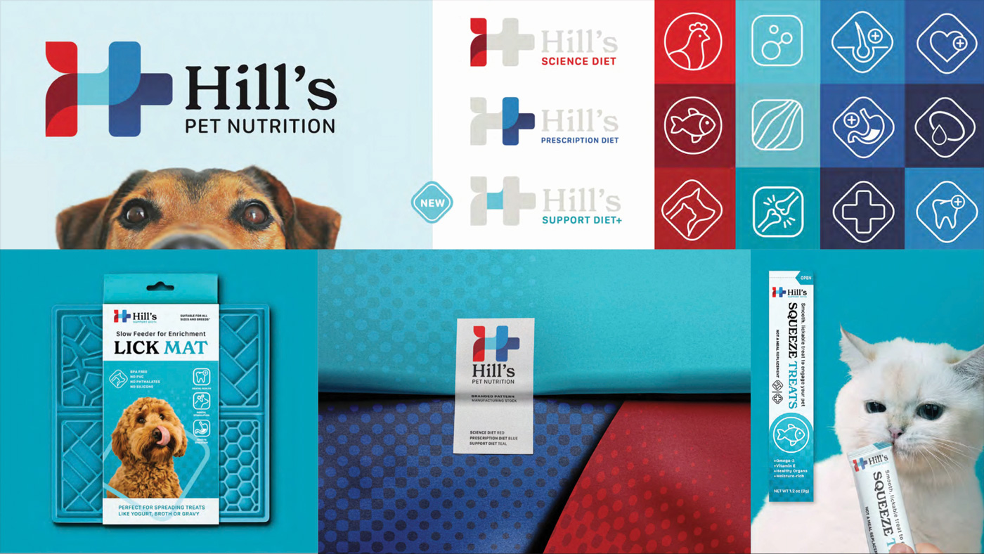Several images of rebrand for "Hill's Pet Nutition". Including icons, lick mat, and lick tube.
