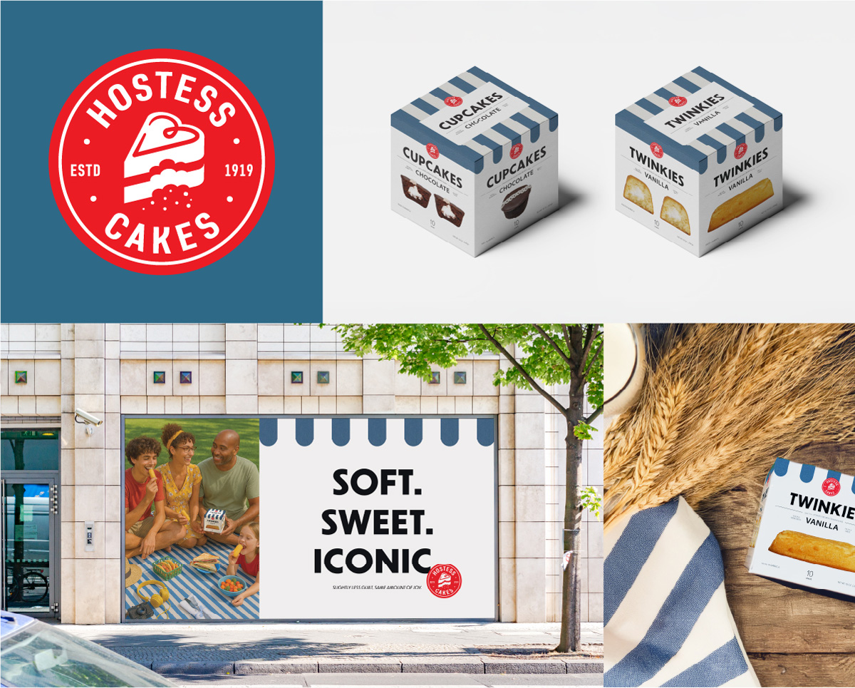 Rebrand of Hostess® Cakes in blue, white and red.