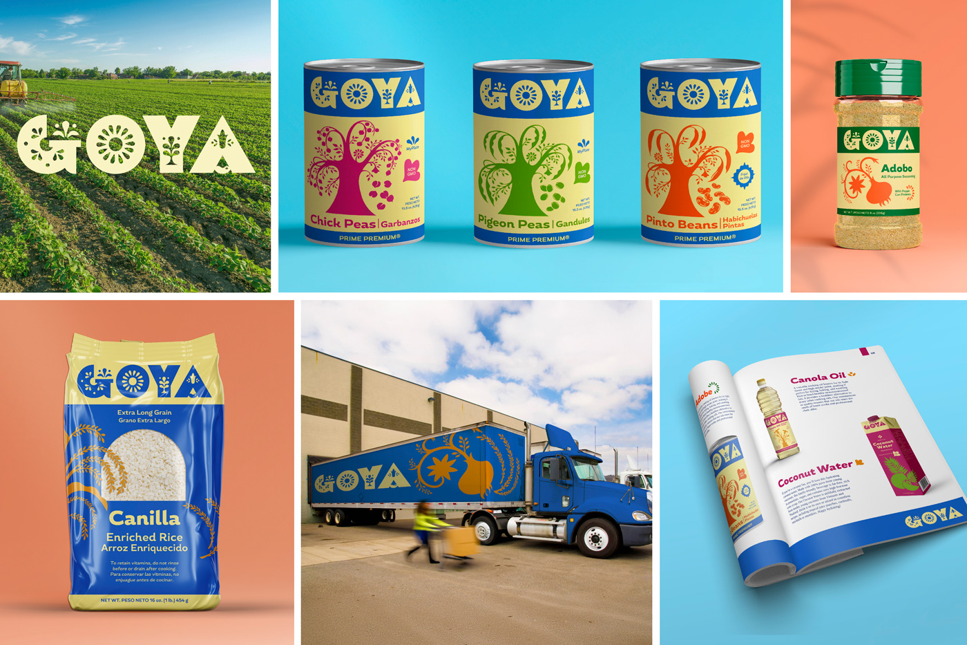 A brand board for a redesigned Goya Foods identity featuring colorful and illustrative packaging. The new logo spells “GOYA” in a bold, geometric typeface filled with hand-drawn illustrations of crops and produce. Products shown include canned beans with color-coded labels, a rice bag, an Adobo seasoning container, and a catalog page layout featuring canola oil and coconut water.