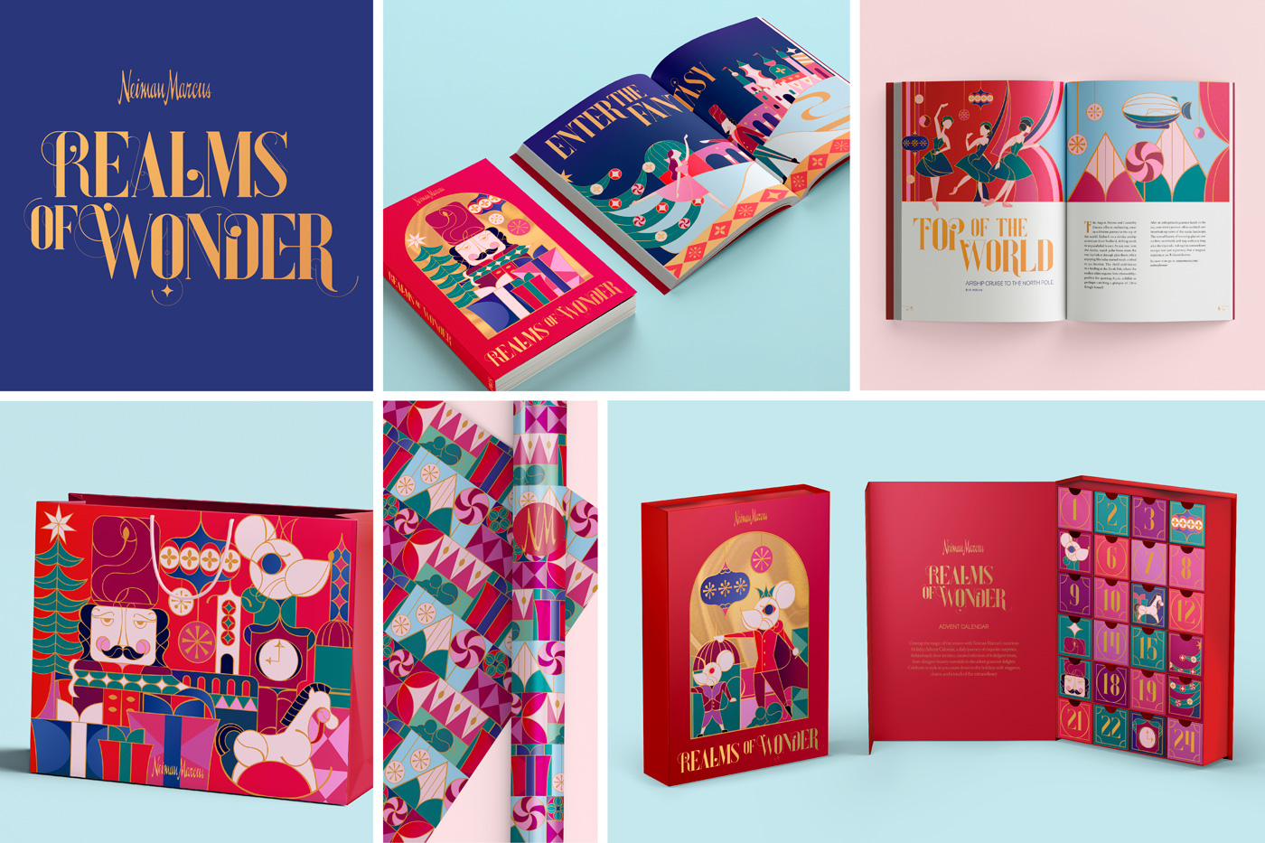 A festive brand board for Neiman Marcus's "Realms of Wonder" holiday campaign. The identity features elegant, whimsical typography paired with colorful, storybook-style illustrations. Shown are spreads from their 2025 holiday book with scenes like ballerinas and candy landscapes to support their fantasy gifts for the year. 
