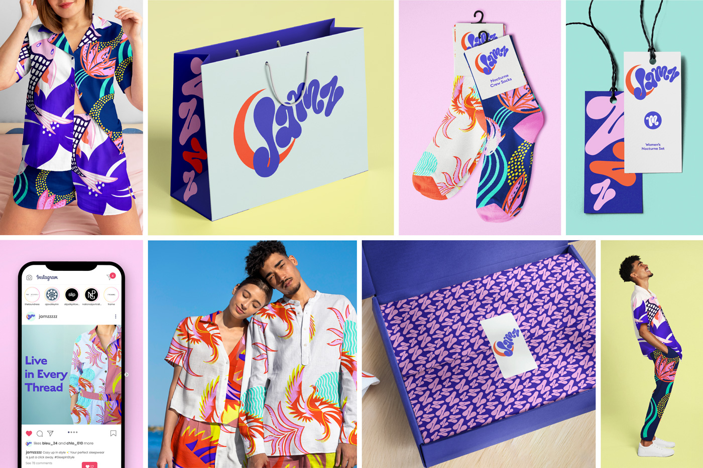 A vibrant brand identity for the sleepwear and lifestyle label “Jamz,” featuring colorful, patterned pajamas and socks with bold phoenix and koi fish motifs in rich purples, pinks, oranges, and aquas. The playful, cloud-like “Jamz” logo appears across product tags, packaging, shopping bags, shipping materials, social media, and the website.
