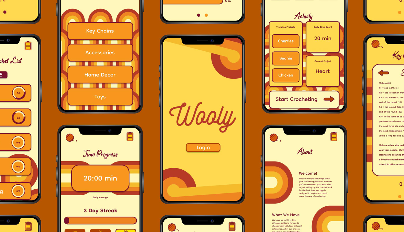 The image is a layout of several phone screens, each showing a different part of a crochet app, arranged in vertical columns. 