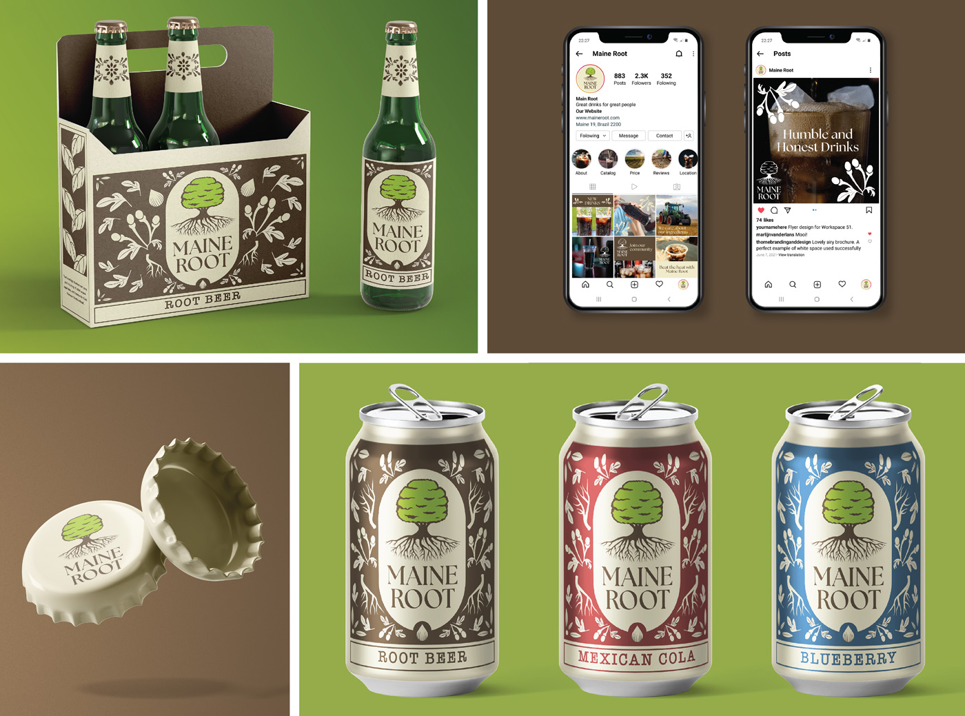 Root Beer glass bottle packaging, decorated with a scattered plant pattern across both the box and the bottle.