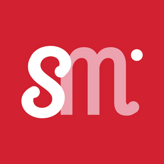 White SM in decorative type on a red background.