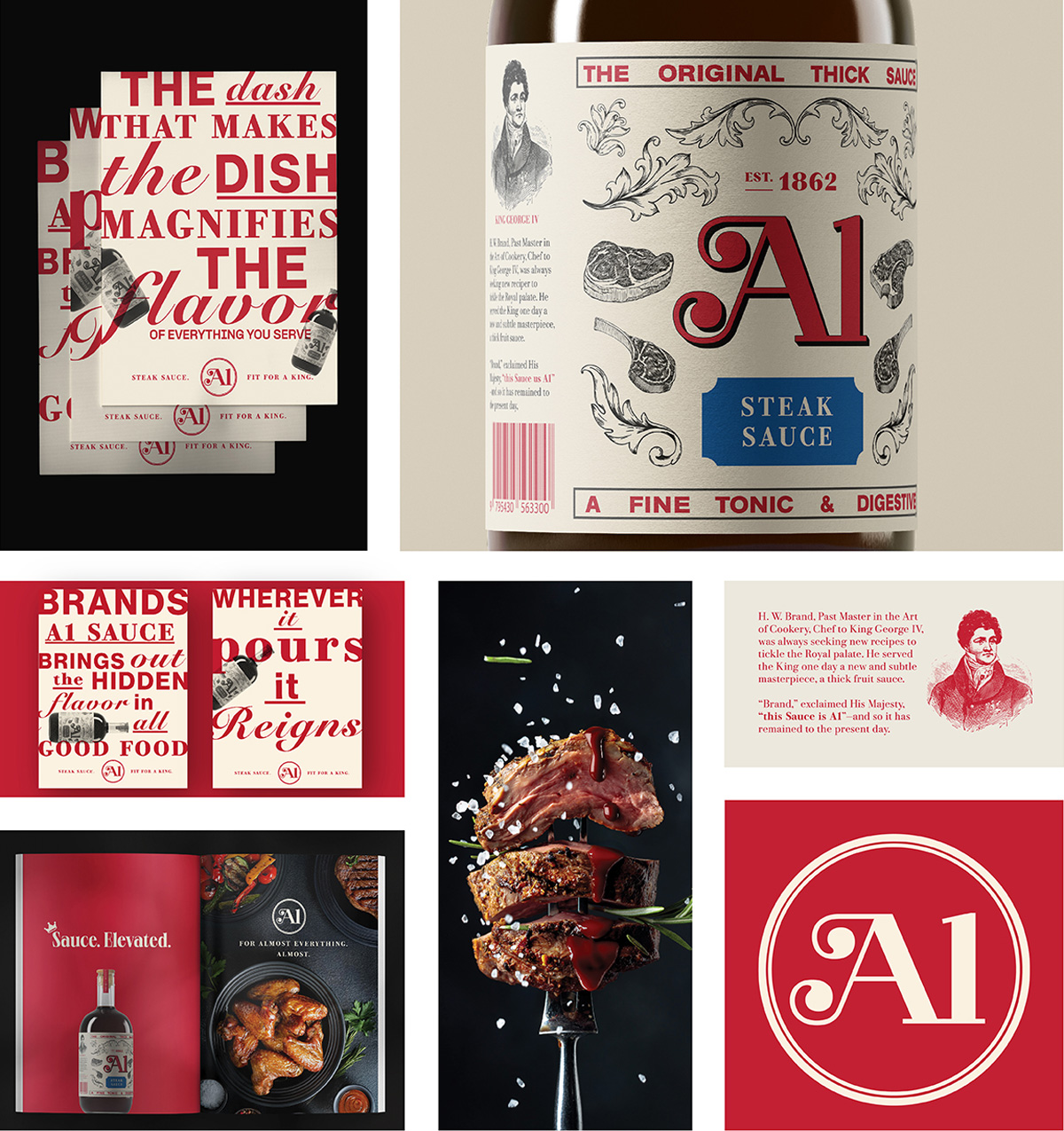 This image features A1 Steak Sauce branding with bold red and white typography. It includes a classic bottle design with historical details, a slogan "Sauce. Elevated." paired with a photo of meat and sauce, and a modern logo. The design combines contemporary and vintage elements, emphasizing the sauce's premium quality.